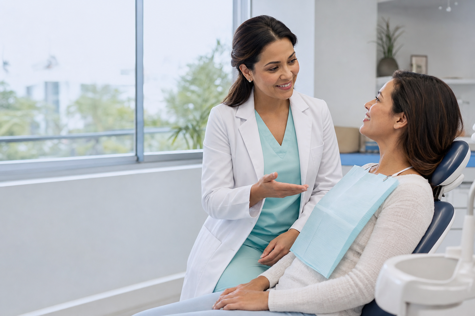 Dentista conversando com paciente em consultório moderno